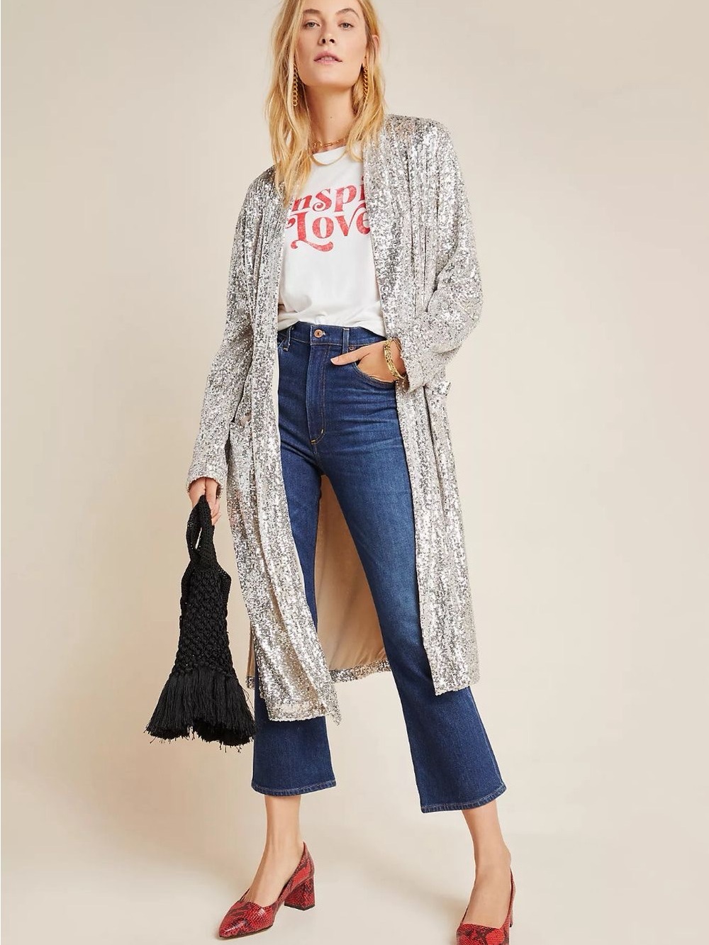 BB Dakota Silver Sequin Duster Coat